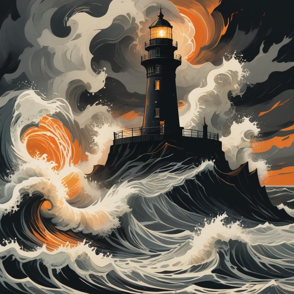 Lighthouse in Stormy Sea: Surreal Lino-Cut Print