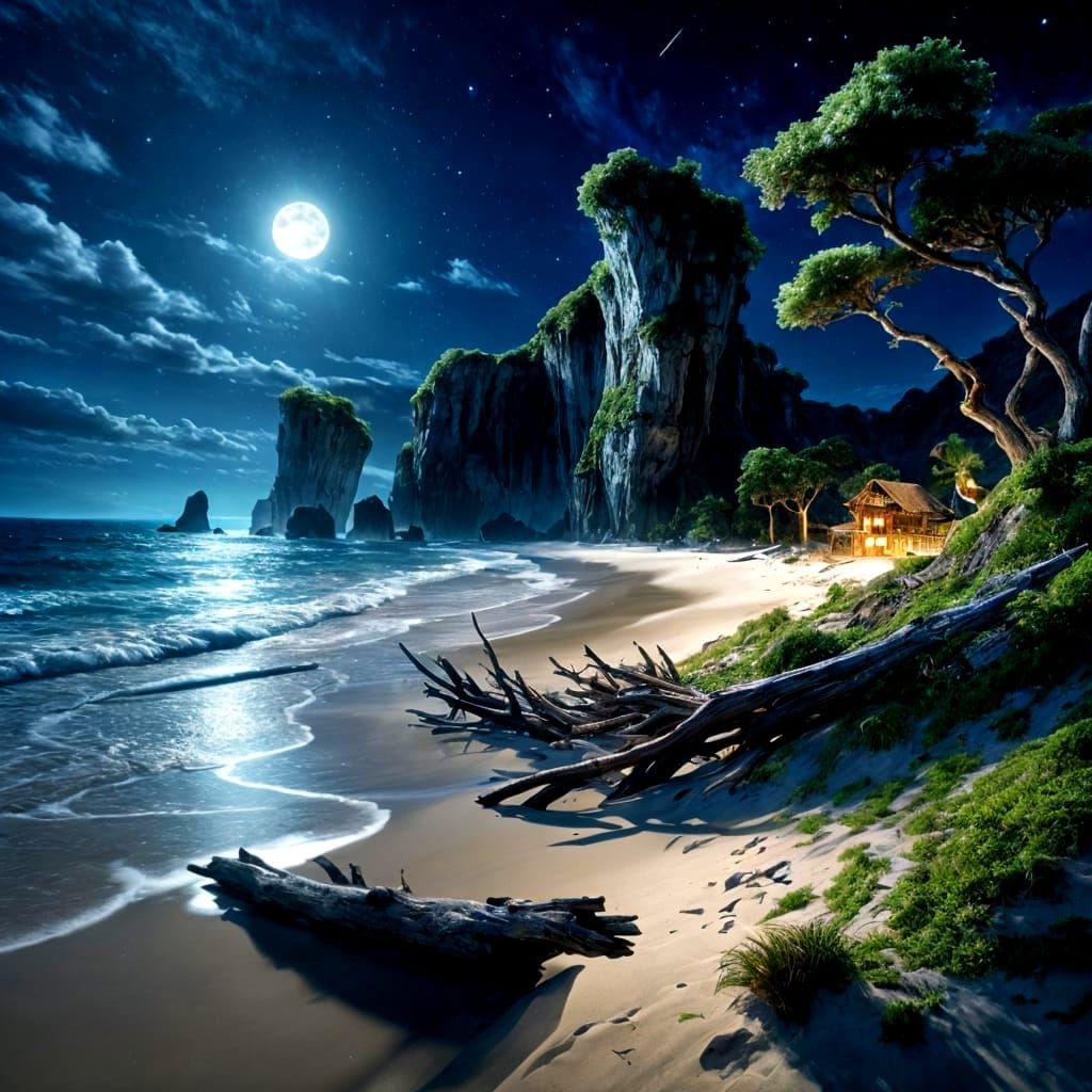 Moonlit Beach Scene with Mossy Driftwood