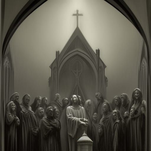 Foreboding Church with Demonic Statue, Horror Art