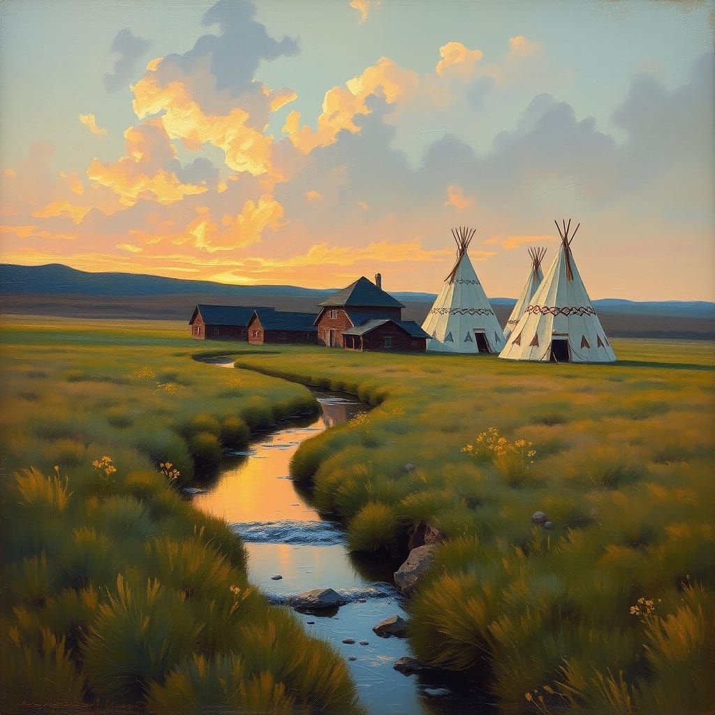 Tonalist Plains Village at Dawn in Oil Painting Style