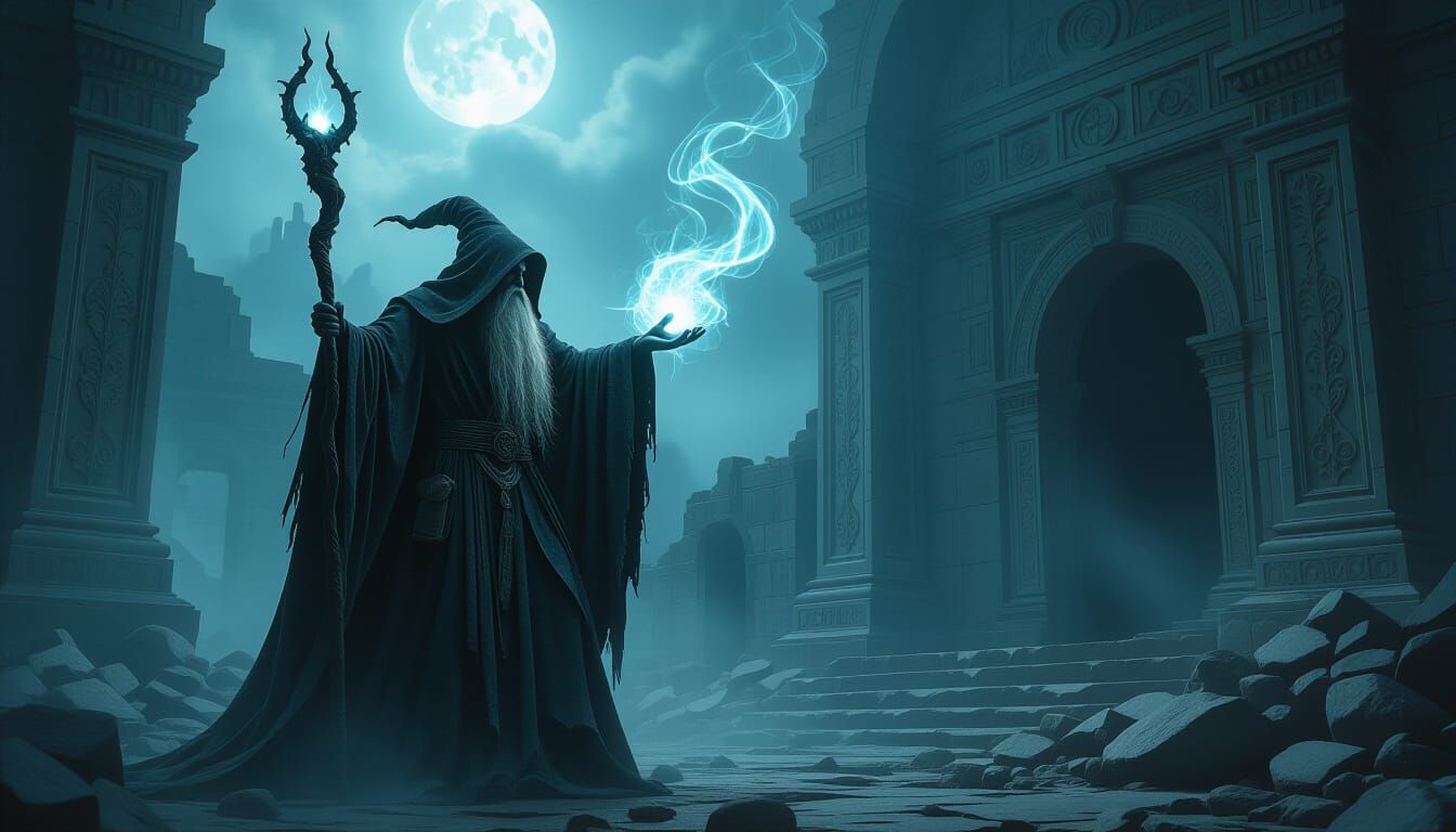 Wizard Conjuring Demon in Ruined Temple