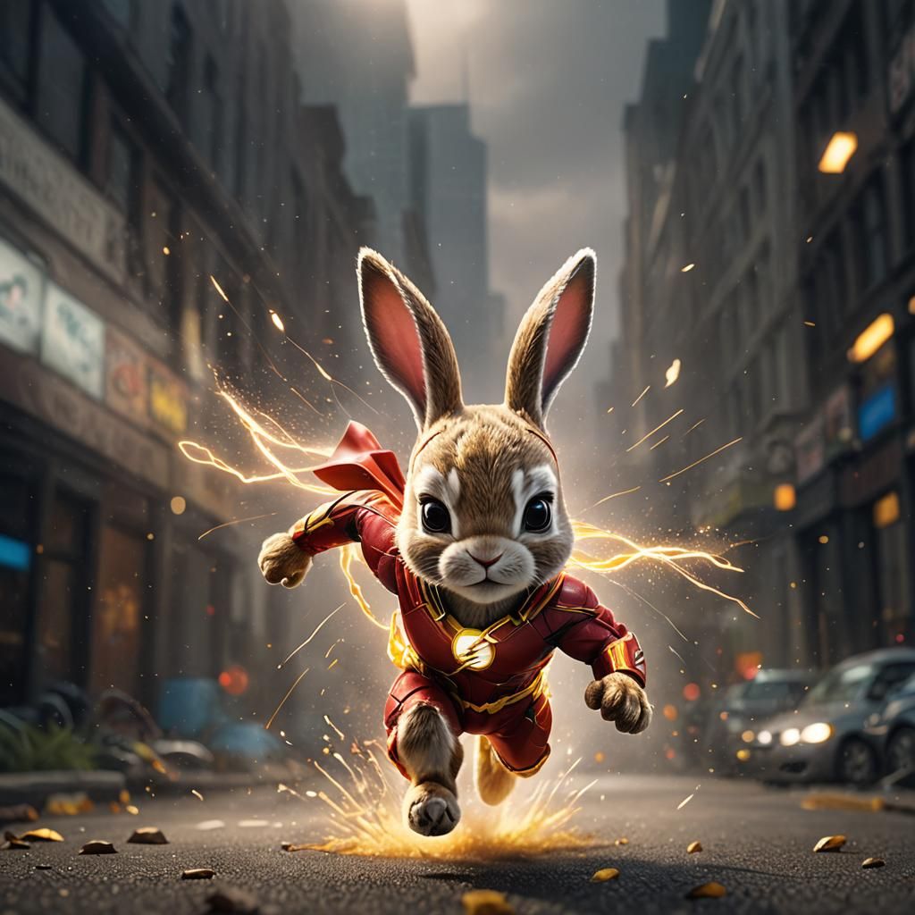 Rabbit Superhero Flash in Hyper Speed, Matte Painting