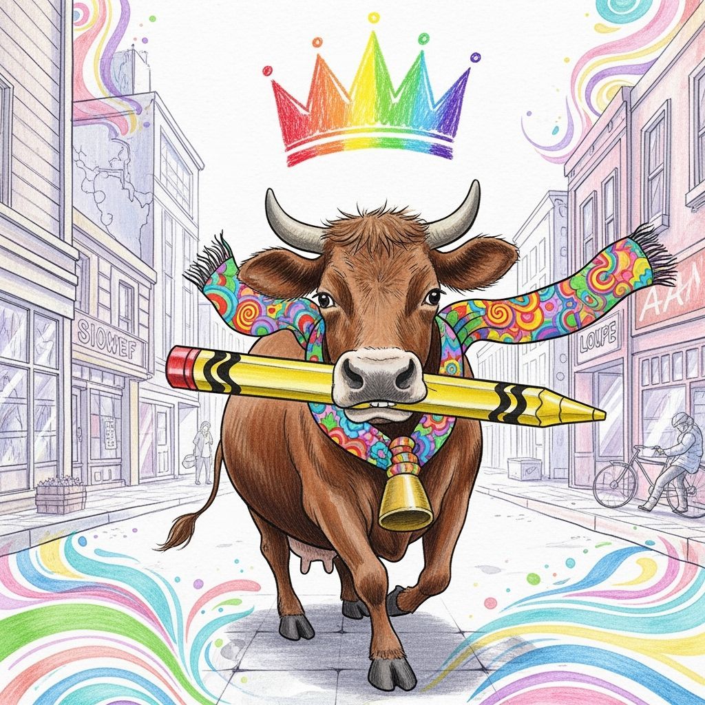 Cow Walks Downtown Drawing Crown in Pop Surrealism