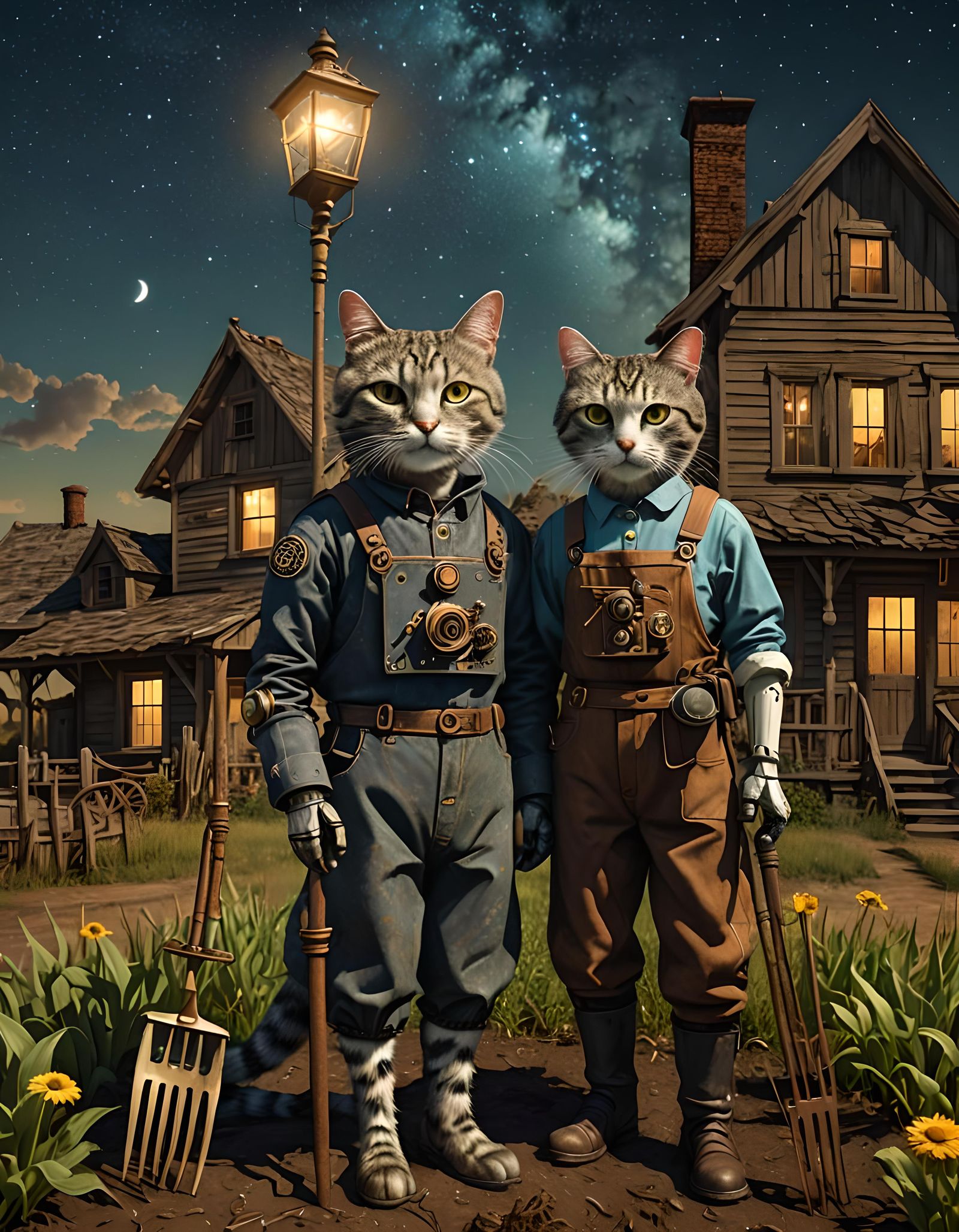 Steampunk Robot Cats as Farmers in American Gothic Style