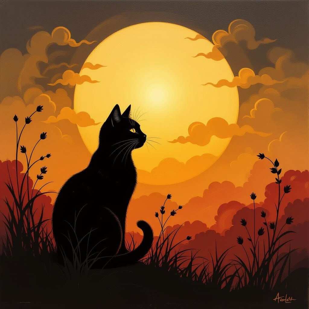 Shadowy Black Cat in Warli Sunset, Rich Oil Painting