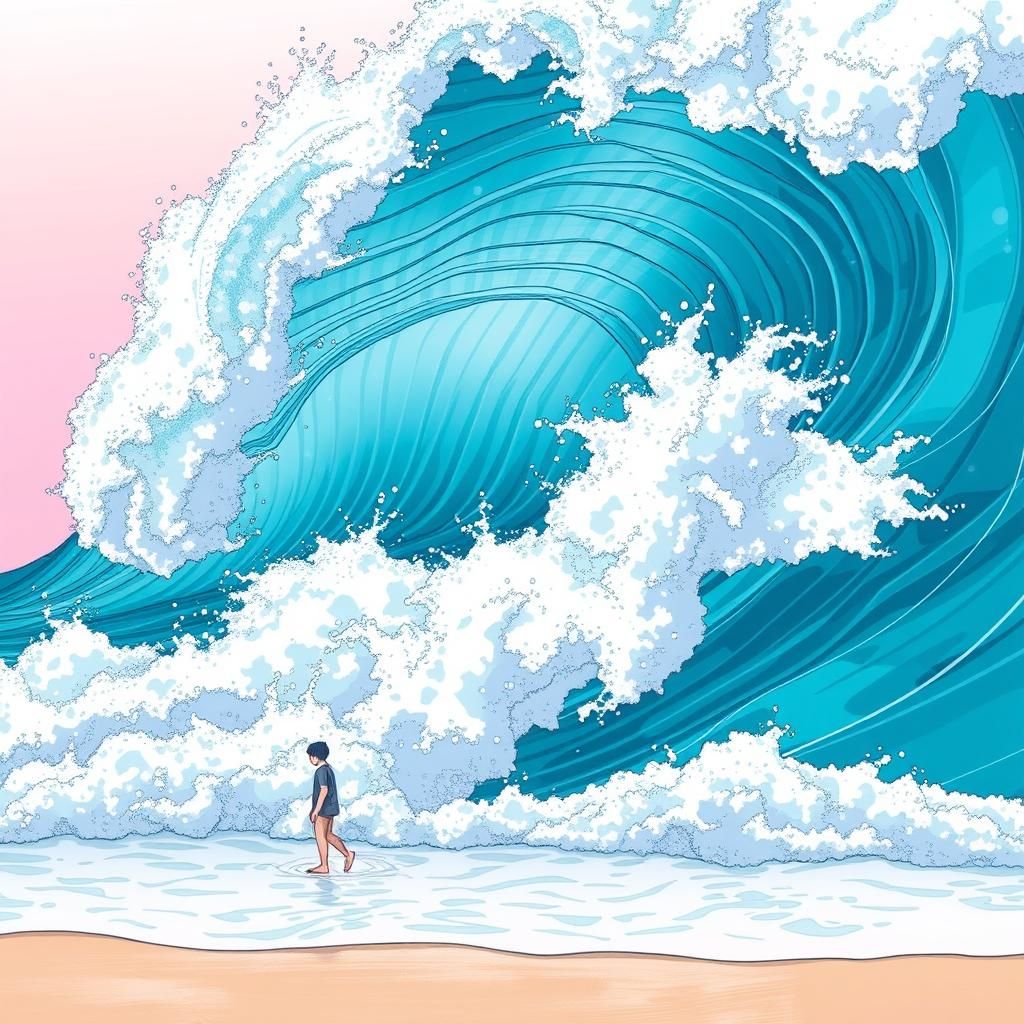 Teal Waves Crash on Shore in Manga Style