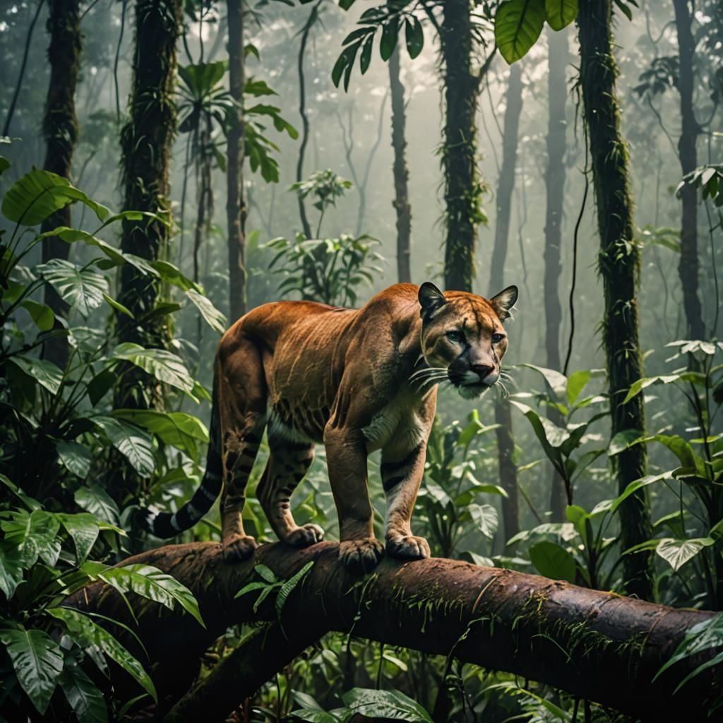 Puma in Misty Rainforest: Cinematic Film Still