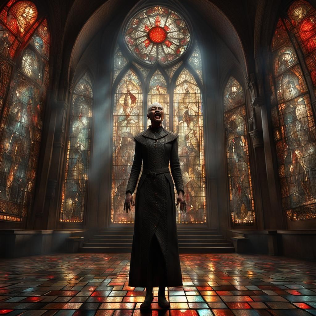 Female Pinhead Screaming in Front of Shattered Glass