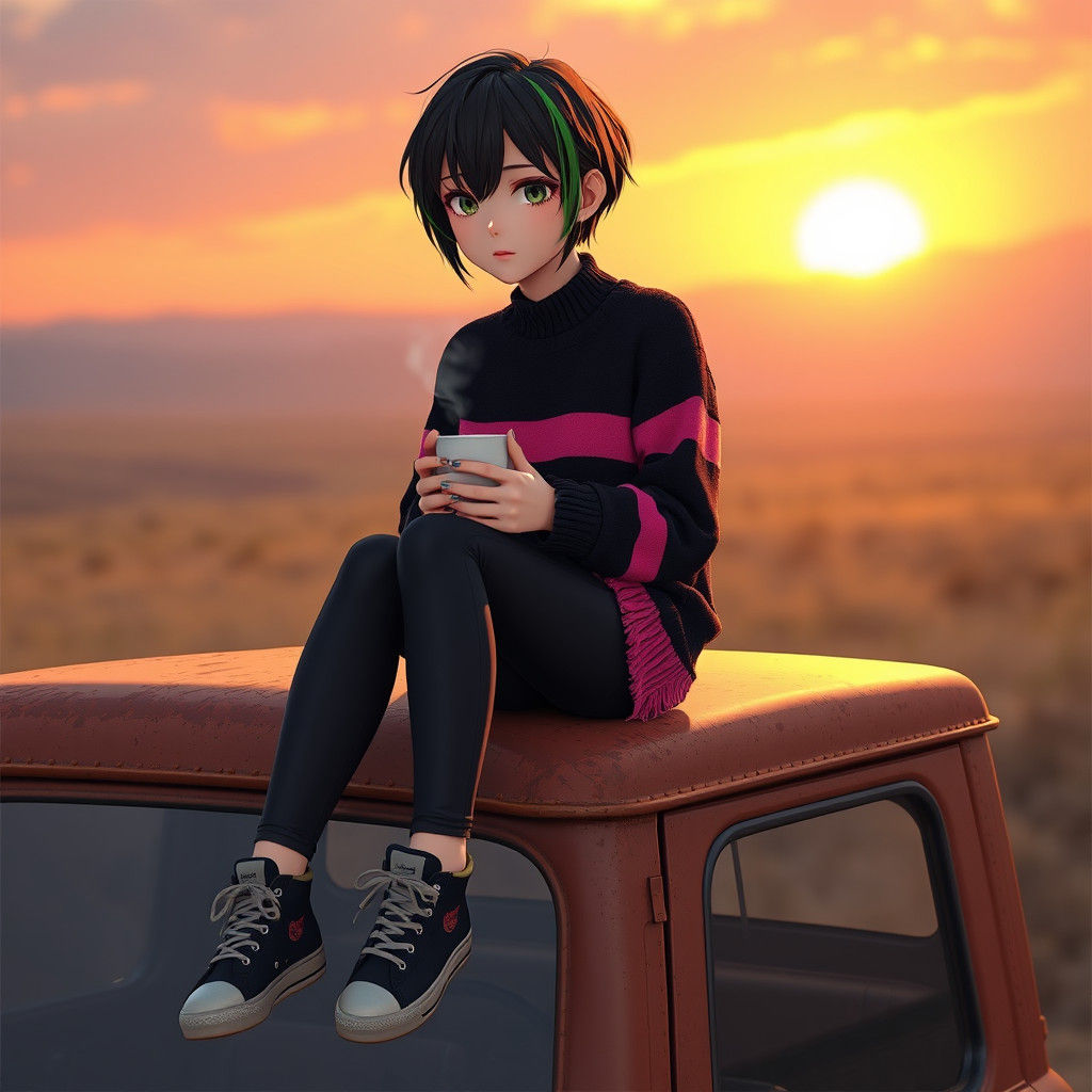 Emo Girl on Truck Roof in Anime Style