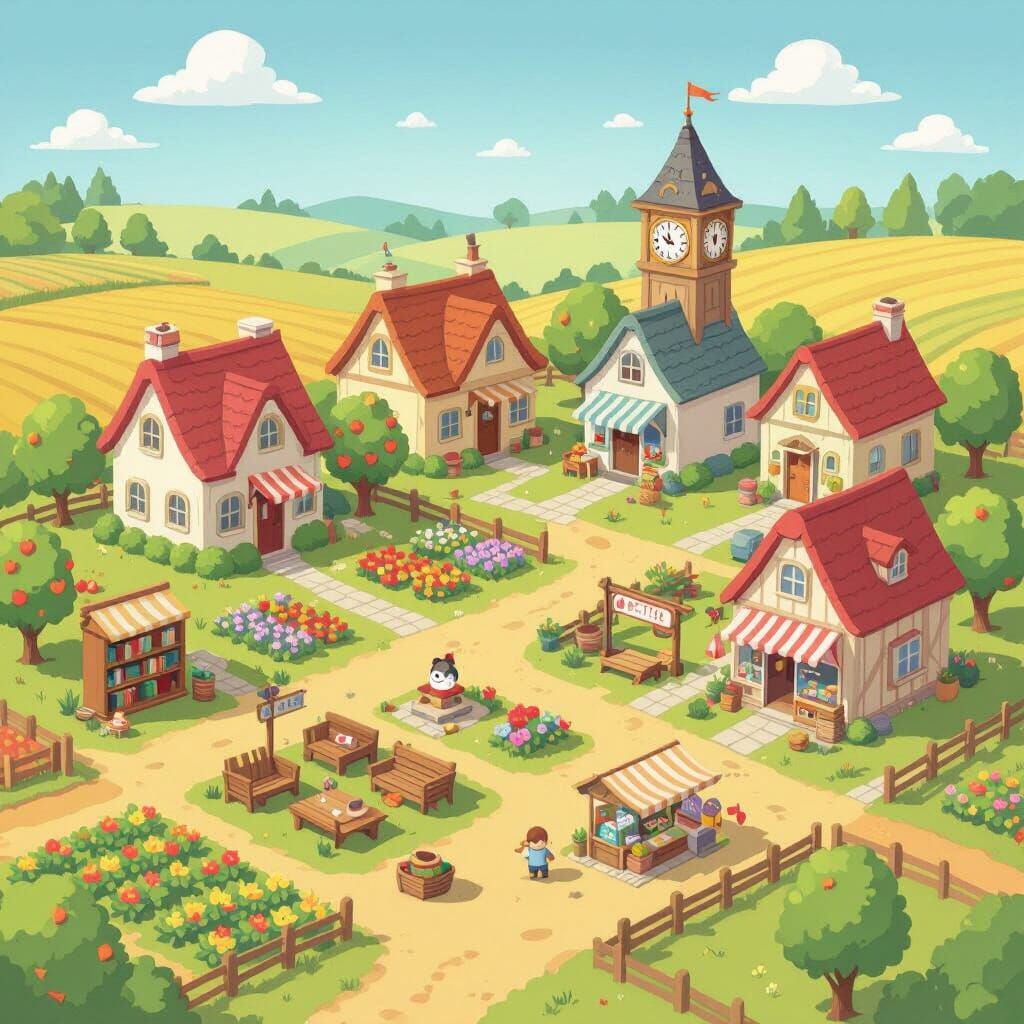 Cozy Countryside Village Map in Pastel Art Style