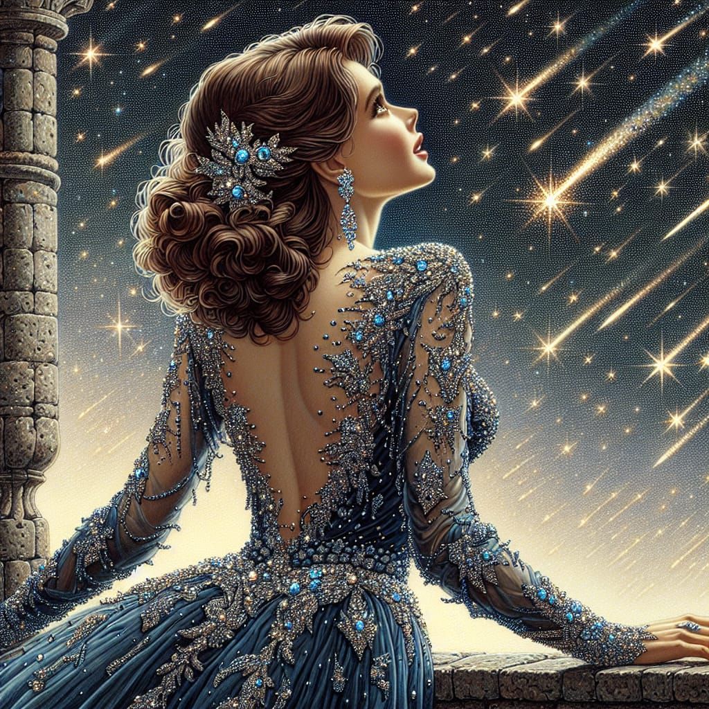 Romantic Gown and Shooting Stars on Balcony