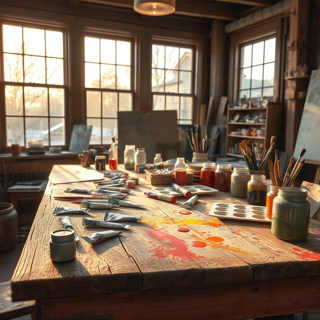 Vibrant Art Studio with Warm Golden Light