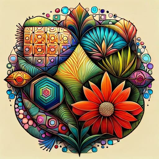 Geometric Garden with Crazy Flowers in Golden Hour