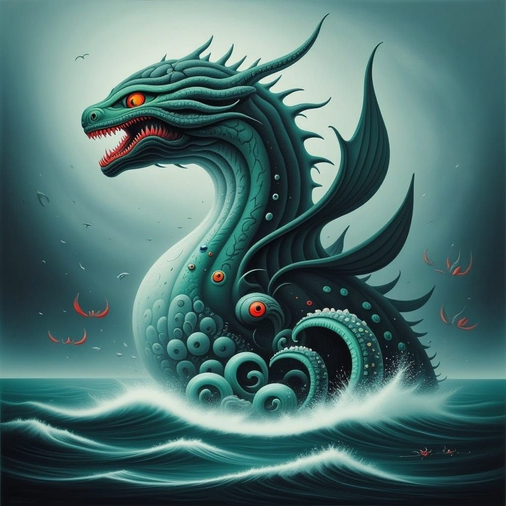 Serpentine Sea Dragon Emerging from the Ocean