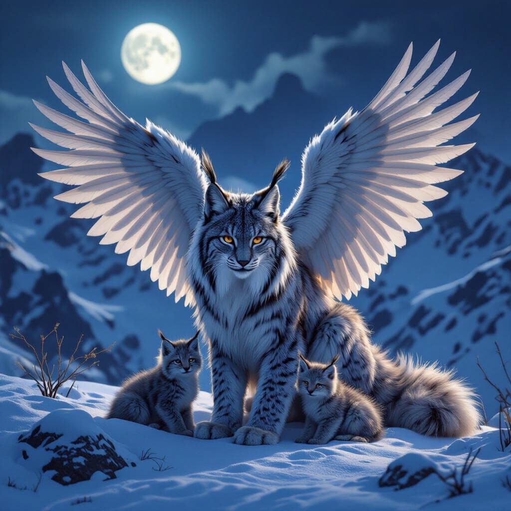 Winged Lynx Family in Snowy Mountains at Night