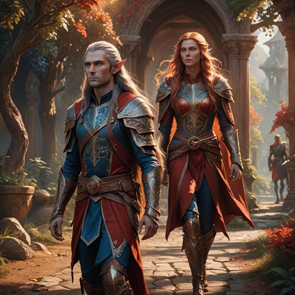 A tall male elf with very long black hair, blue eyes and wearing a red clothing, walking beside a female with very long ...