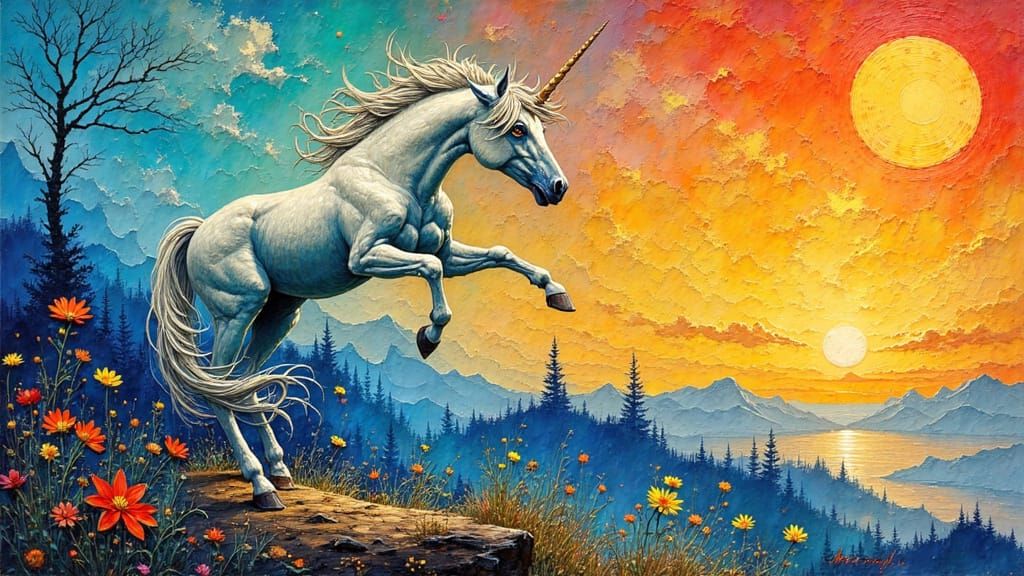 Whimsical Van Gogh-Inspired Dragon Unicorn Pegasus