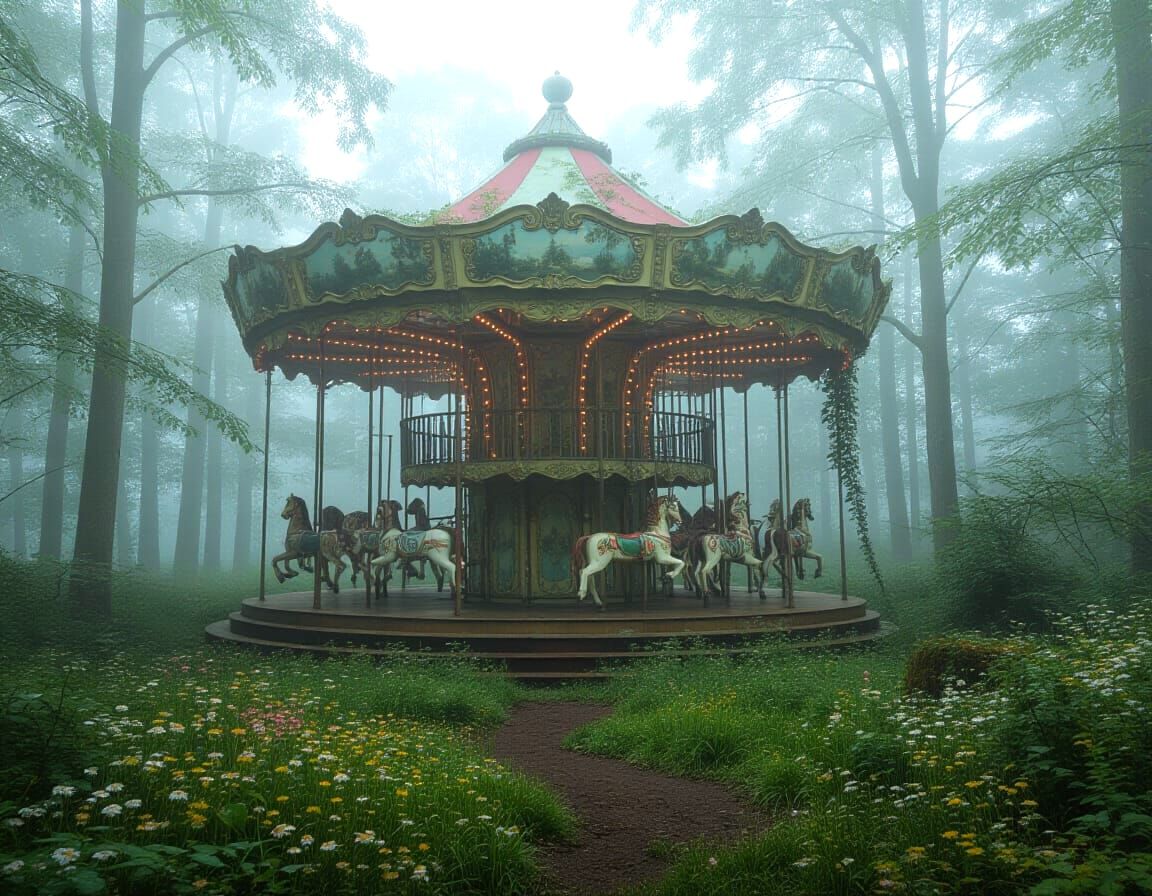 Forgotten Carousel in Misty Forest Clearing