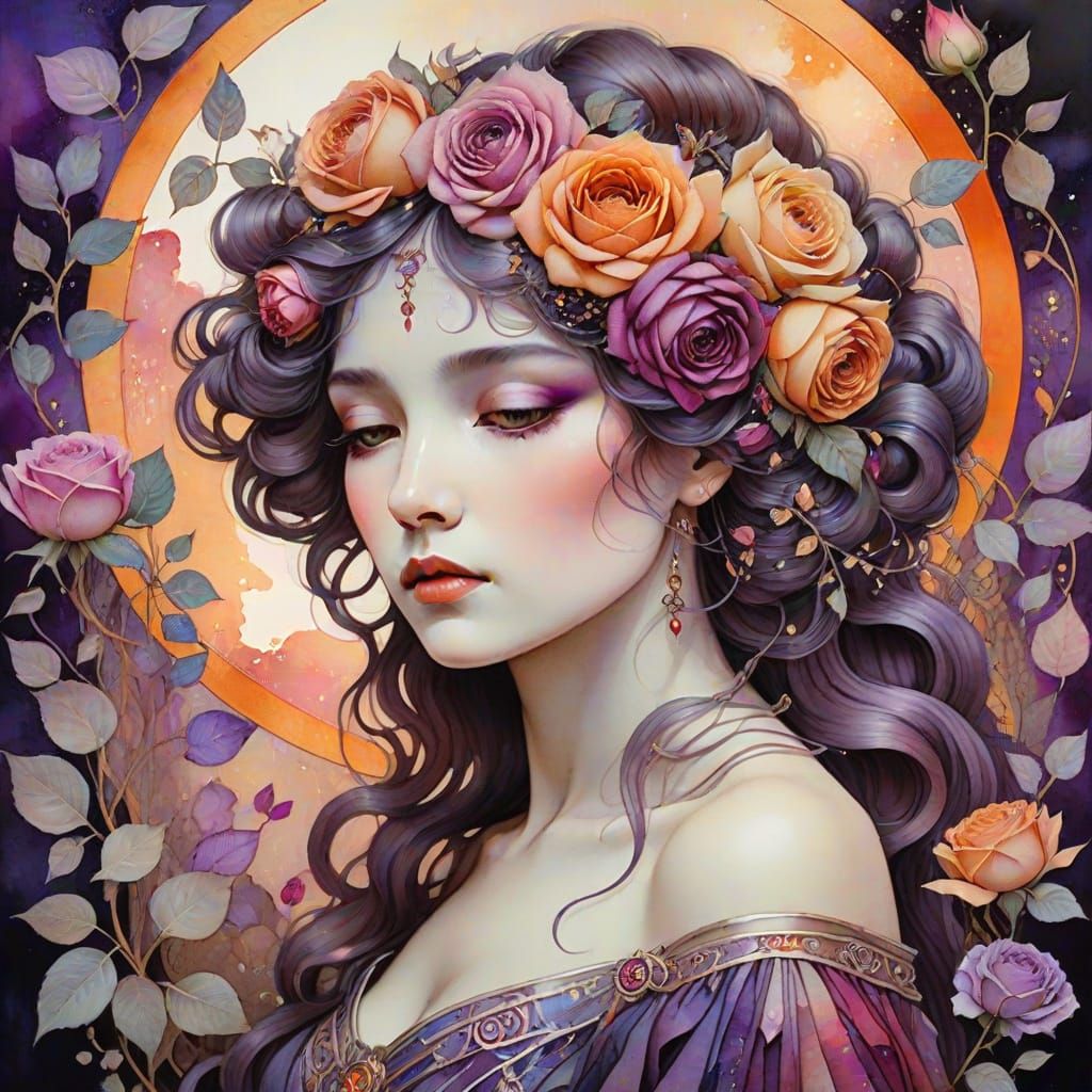 Ethereal Dreamer Portrait in Surreal Garden, Art Nouveau
