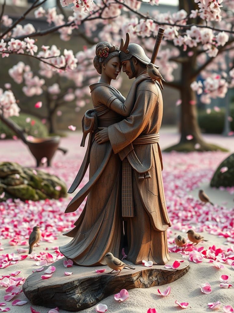 Zen Garden Sculpture of Geisha and Samurai