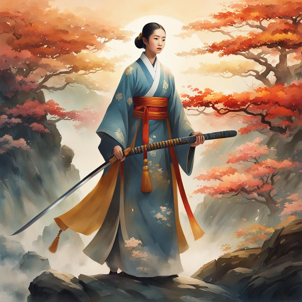 Taoist Nun with Sword in Chinese Watercolor Style