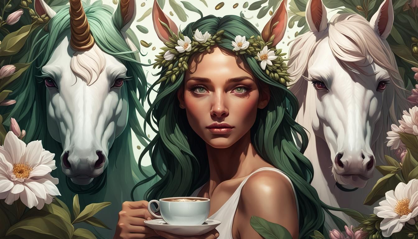 Green-Eyed Woman in Unicorn and Coffee Bean Dreamscape