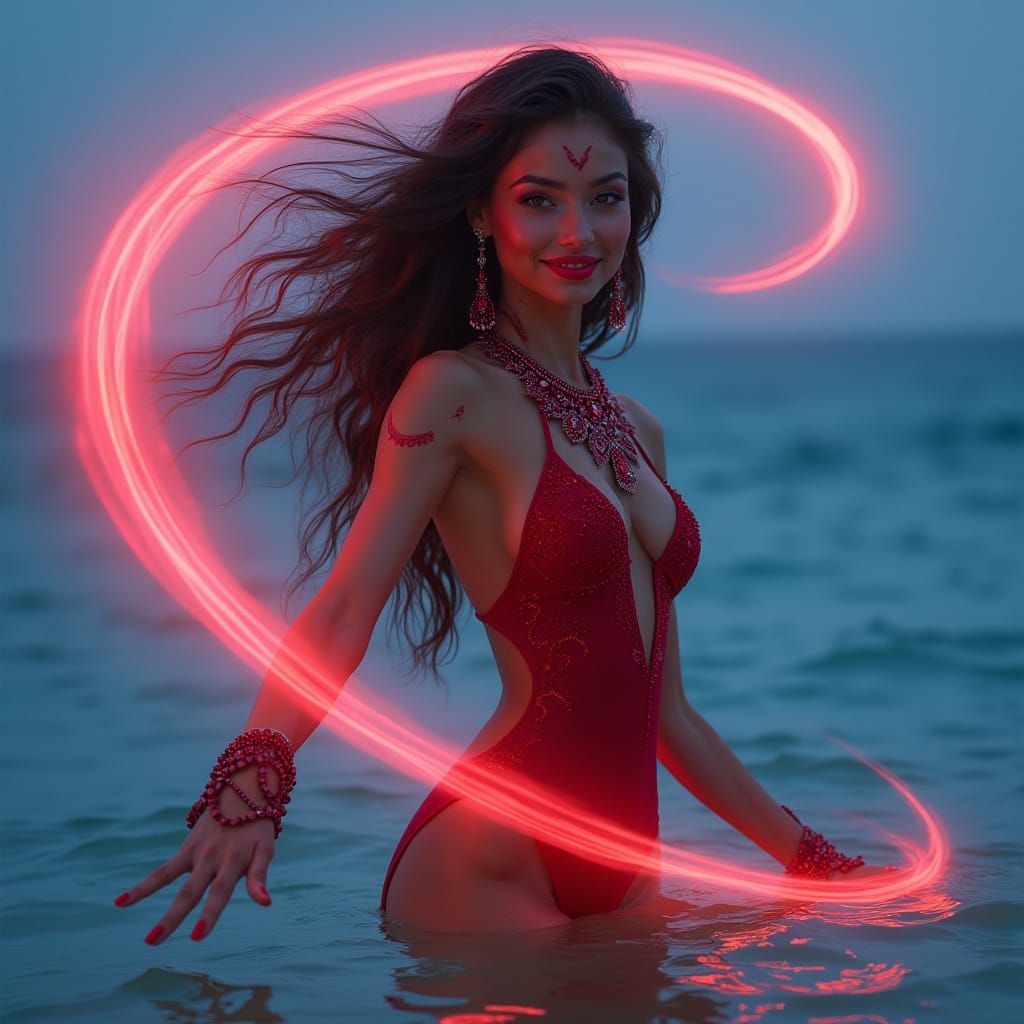 Enchanted Ocean Goddess Radiates Scarlet Magic