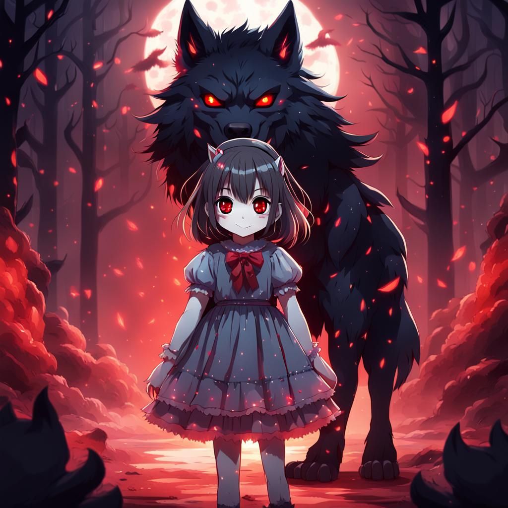 Anime Girl and Dark Wolf Demon
