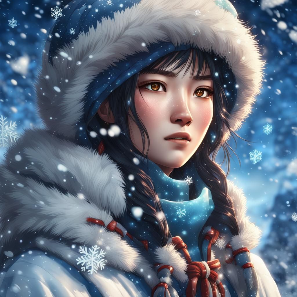 Eskimo Japanese Woman with Snowflakes in Anime Style