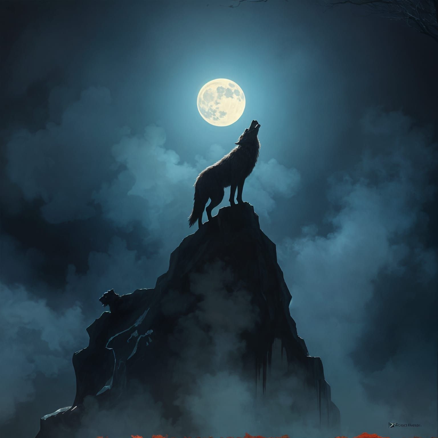 Lunar Wolf in a Dark, Mysterious Landscape