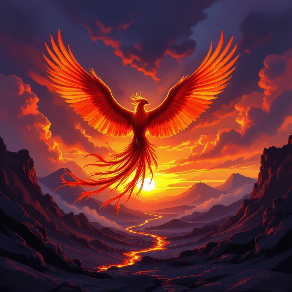 Majestic Phoenix Erupts from Volcanic Caldera in Fiery Sunse...