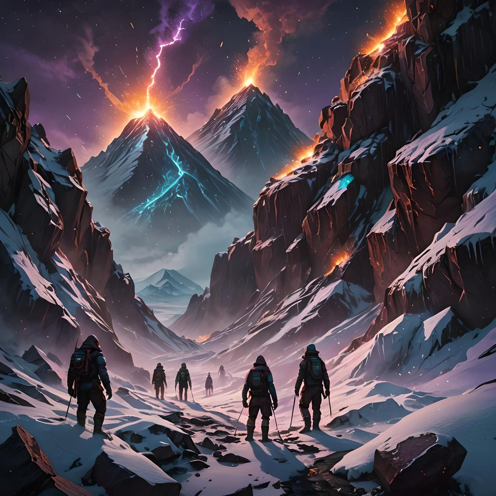 Snow Leopards Explore Volcano Under Starry Sky