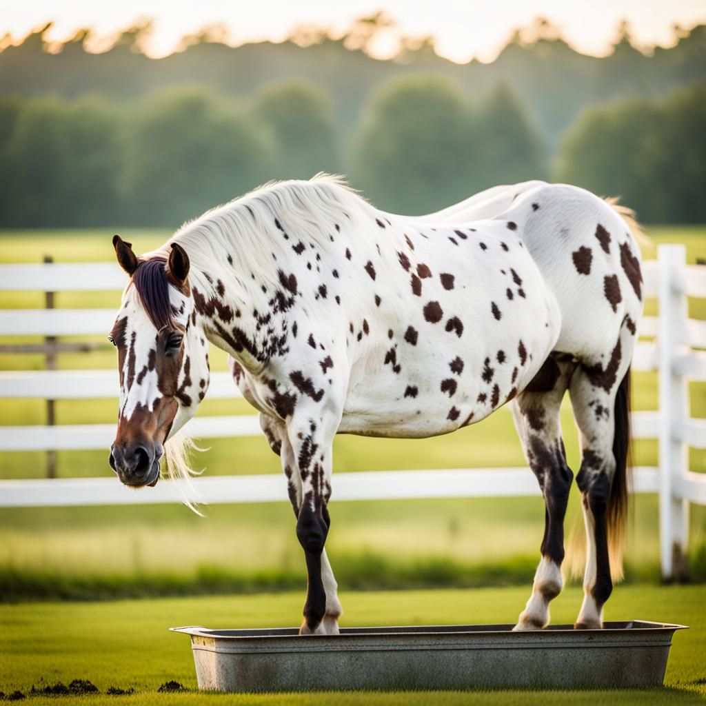 Appaloosa Horse Drinks in Green Pasture