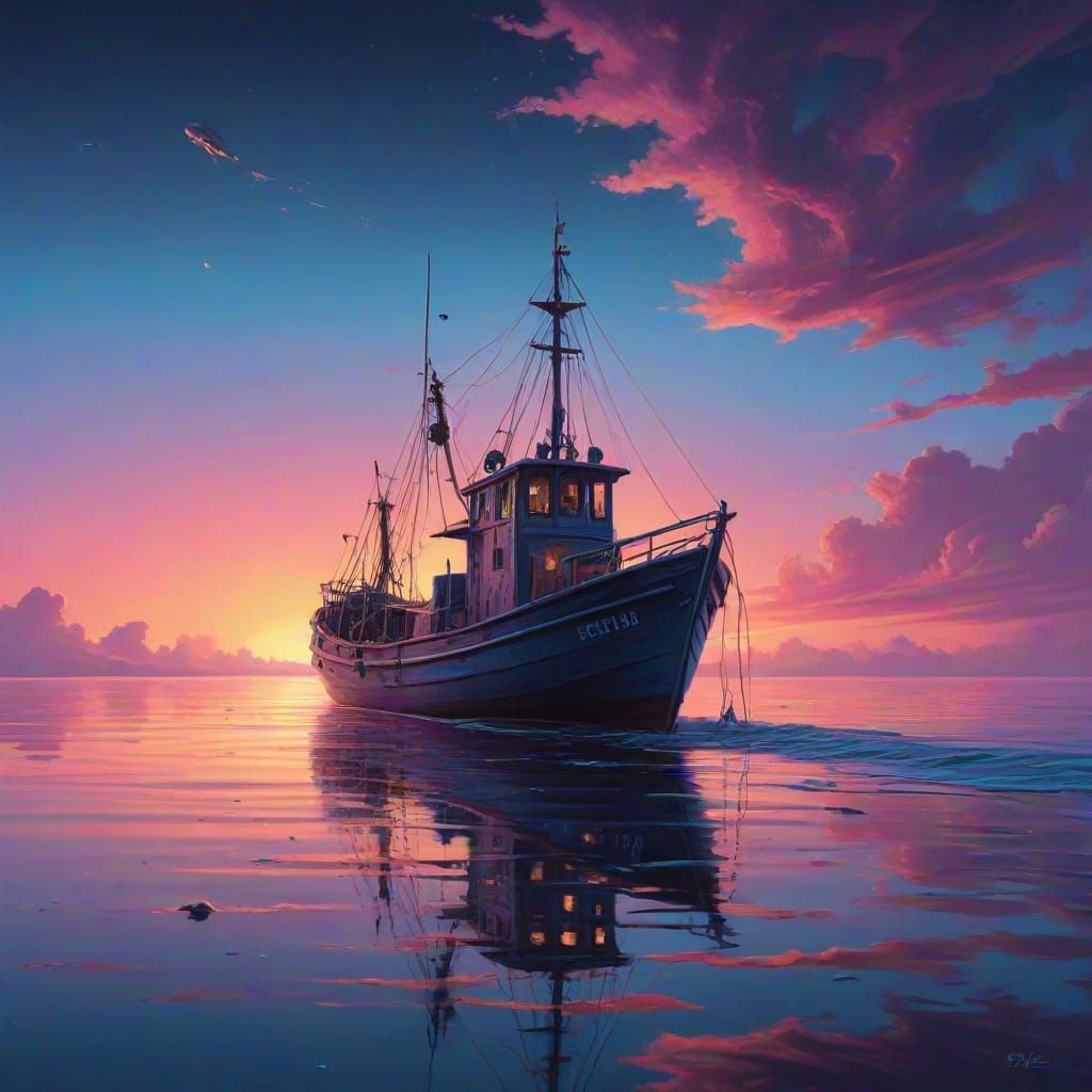 Drifting Fishing Boat in Surreal Bioluminescent Sea