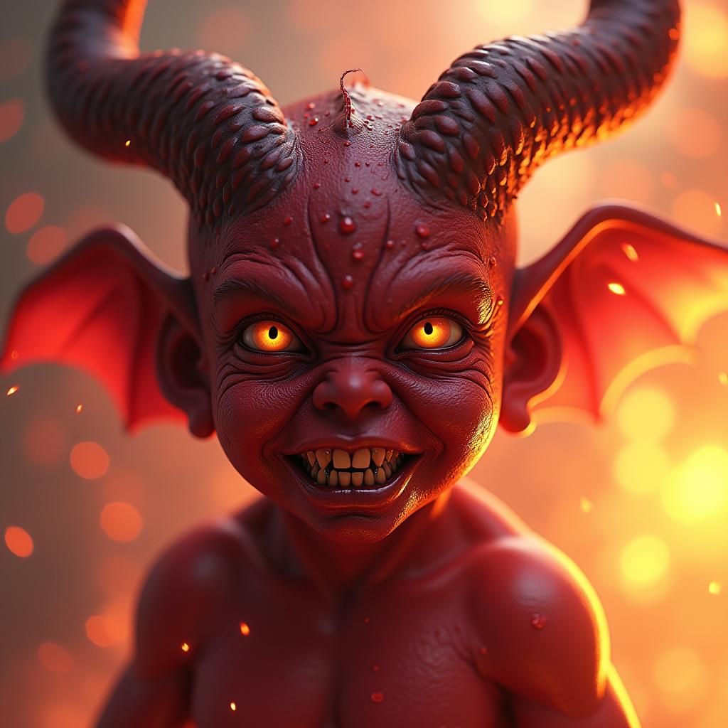 Hyperrealistic Devil Cherub in Fiery Landscape
