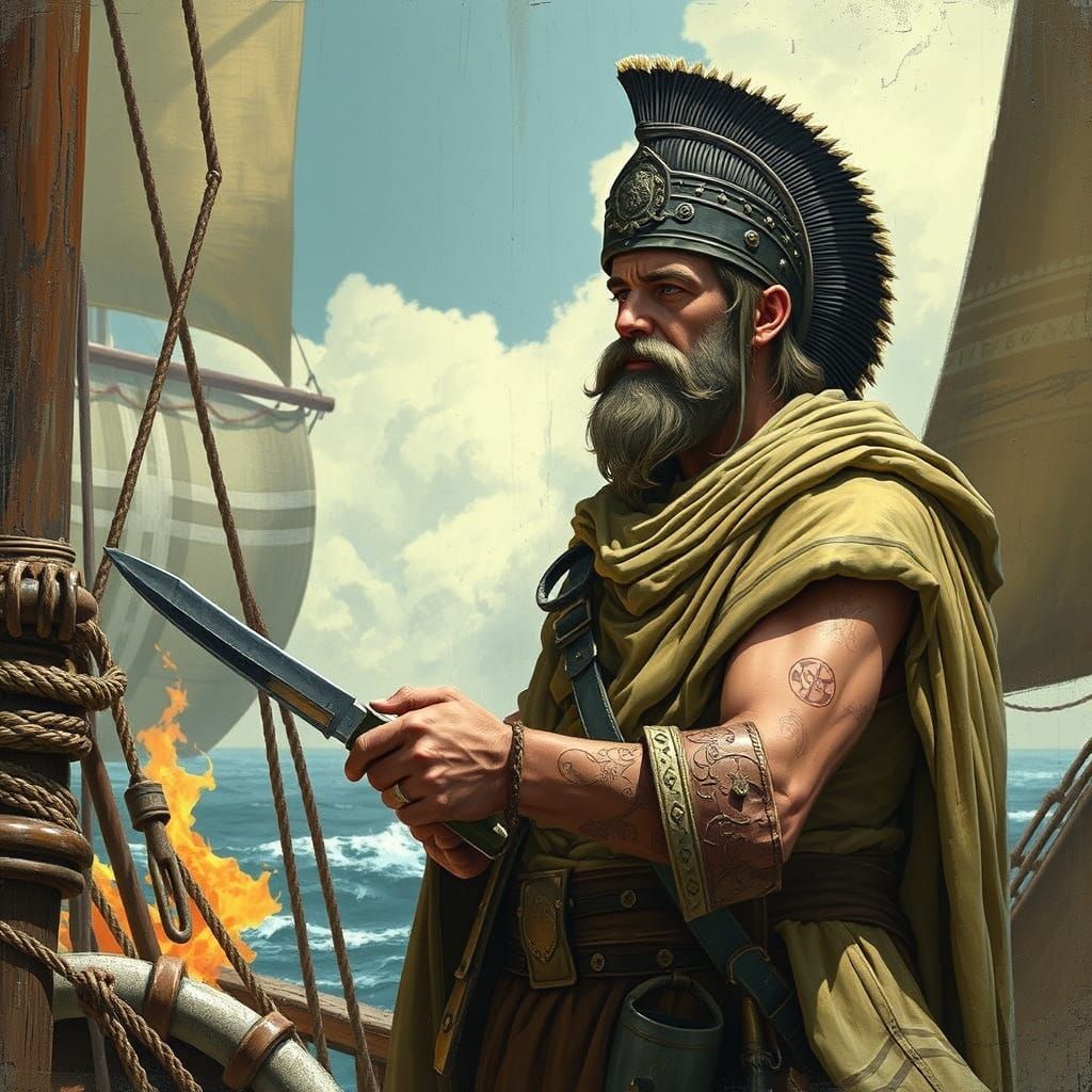 Greek Explorer Prepares Wax Earplugs, Detailed Digital Art