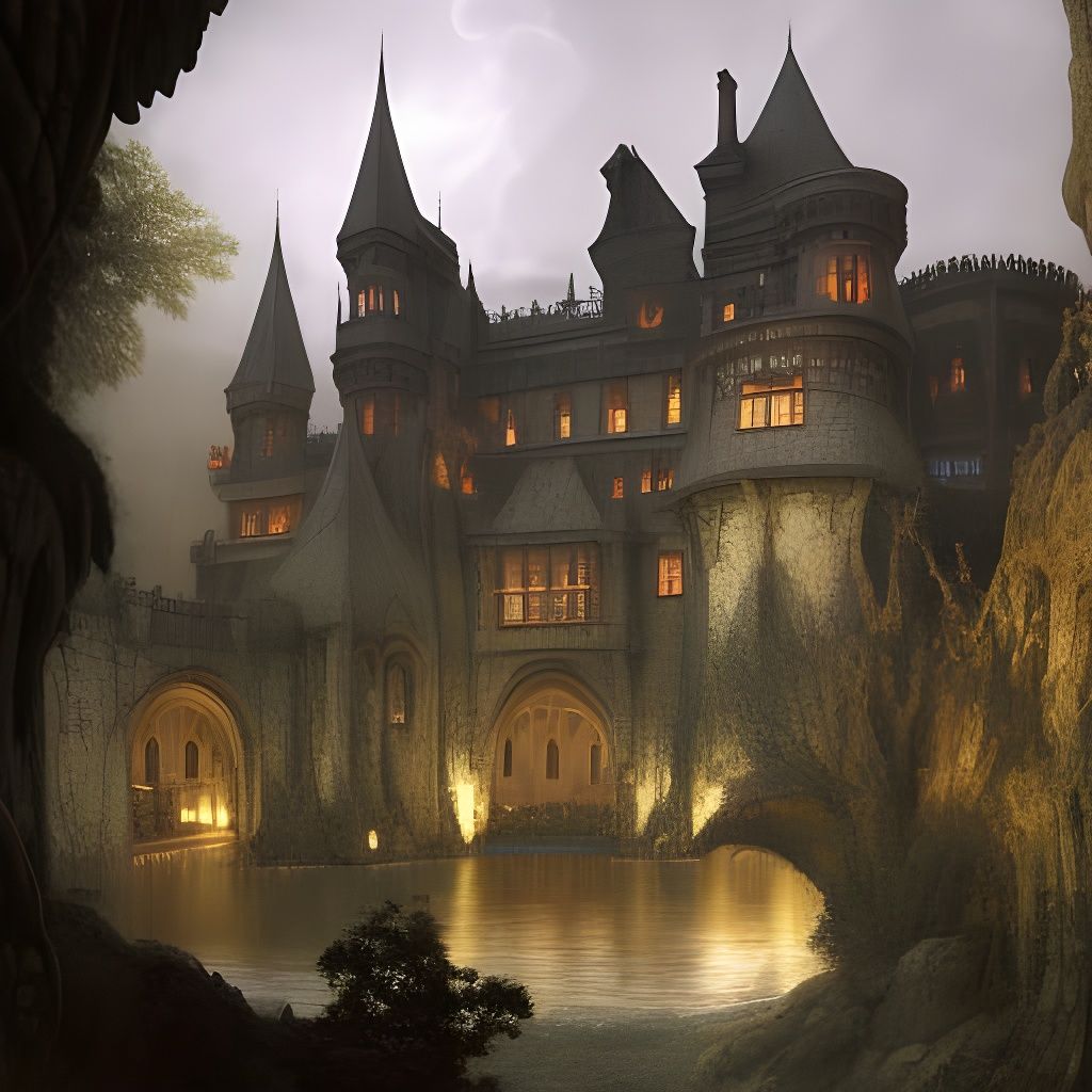 Gothic Vampire Castle with Cave Moat in Art Nouveau