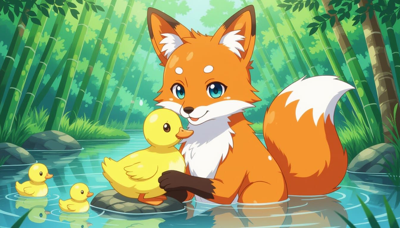 Fox Gently Holds Duckling in Anime Style