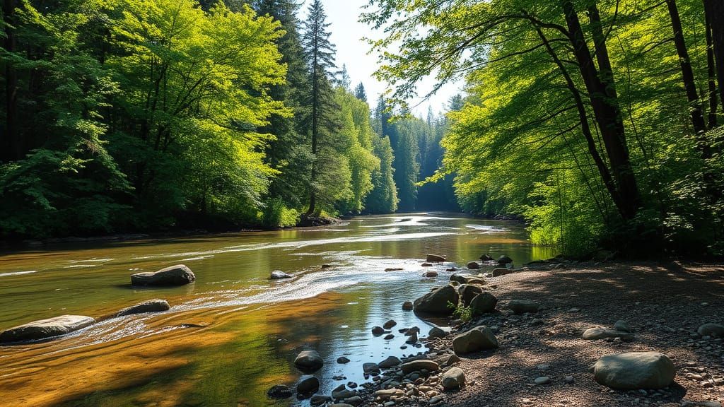 Idyllic Summer Riverbank Scene in Forest Shade