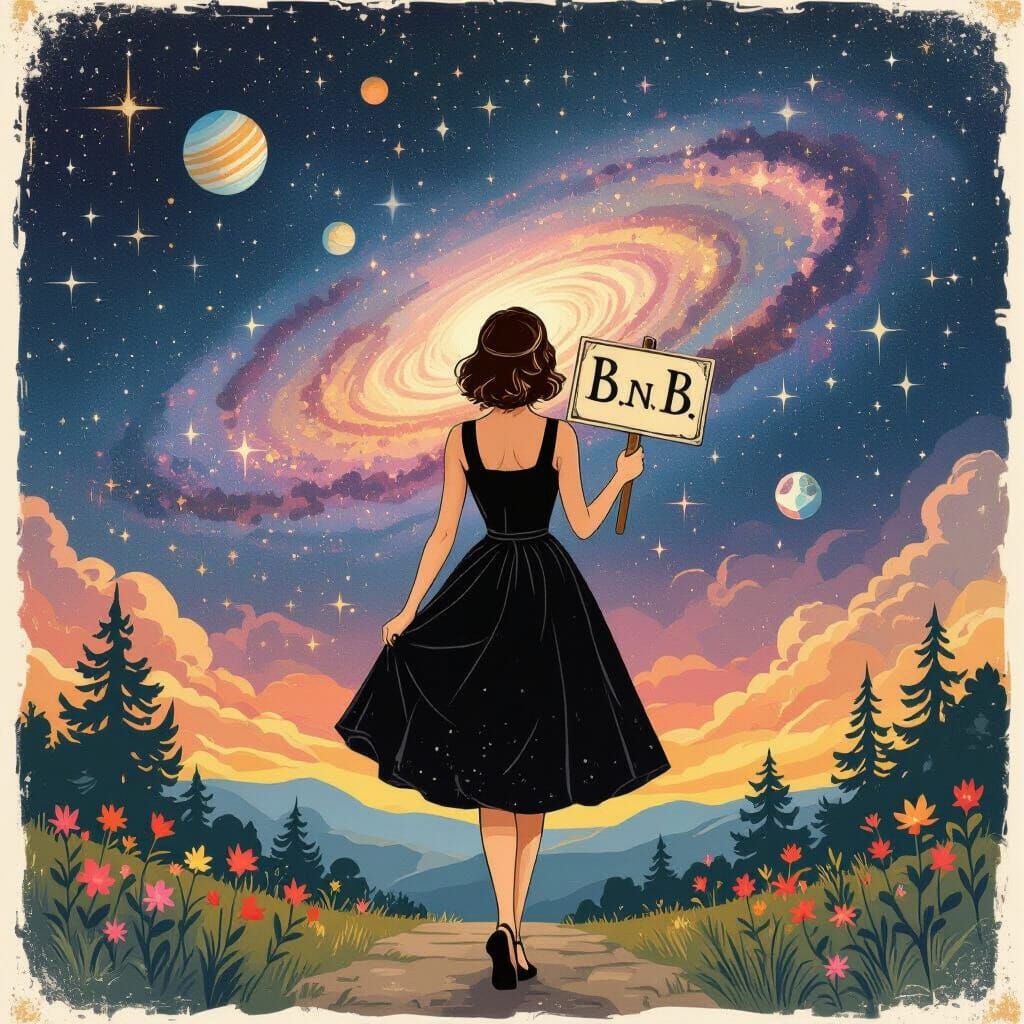 Woman Before Galaxy in Beatrix Potter Style