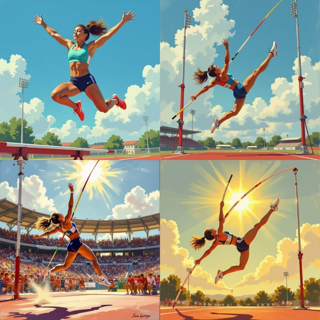 Woman Vaulter Reaches Incredible Height in Oil Painting