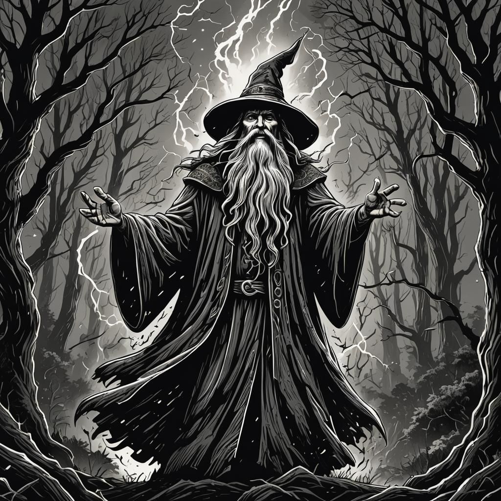 Wizard Casting Spell in Stormy Forest: Woodcut Illustration