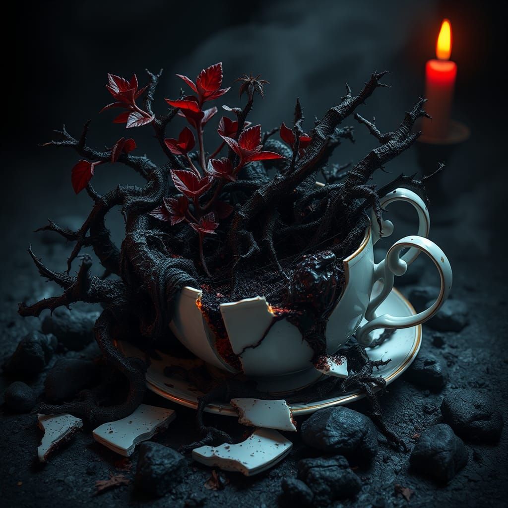 Decaying Flora Consumes Shattered Teacup in Biomechanical Ho...