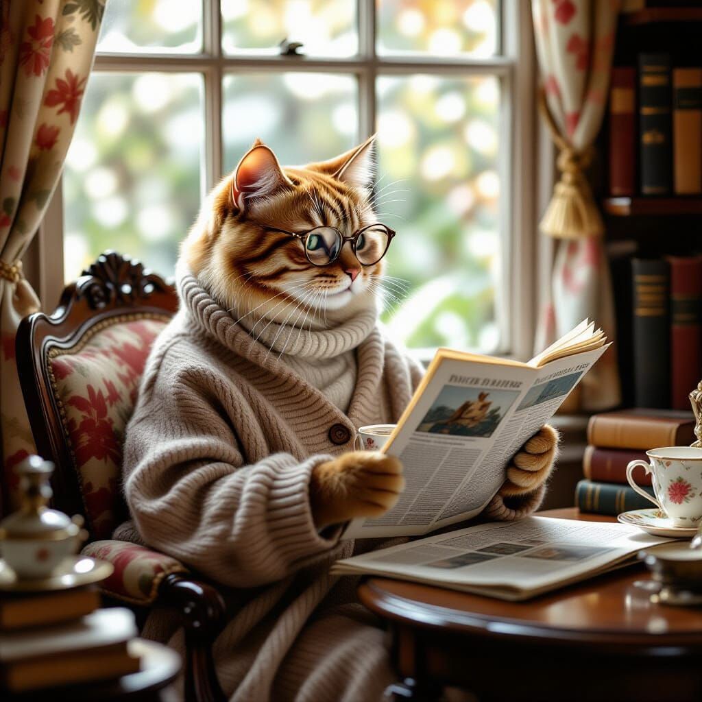 Whimsical Cat Reading Newspaper with Tea