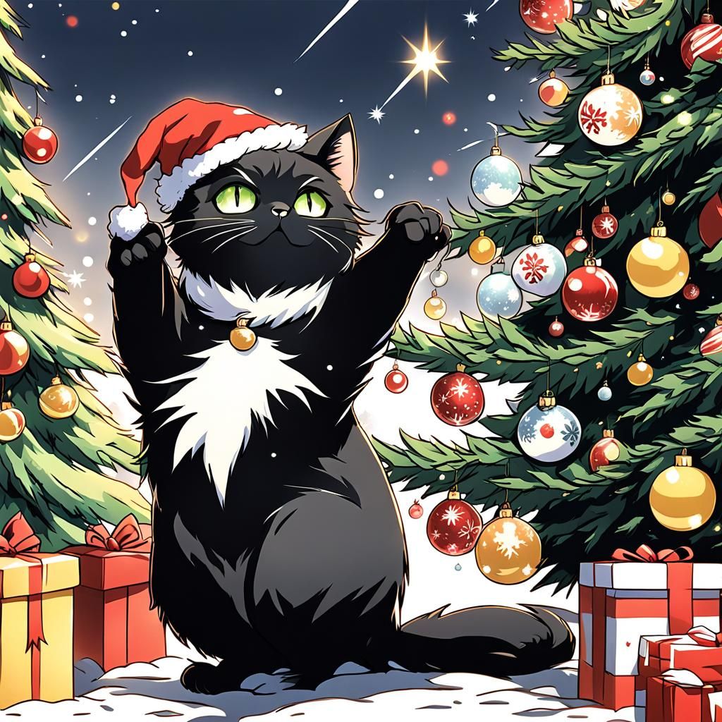 Cats and Christmas Tree in Anime Style