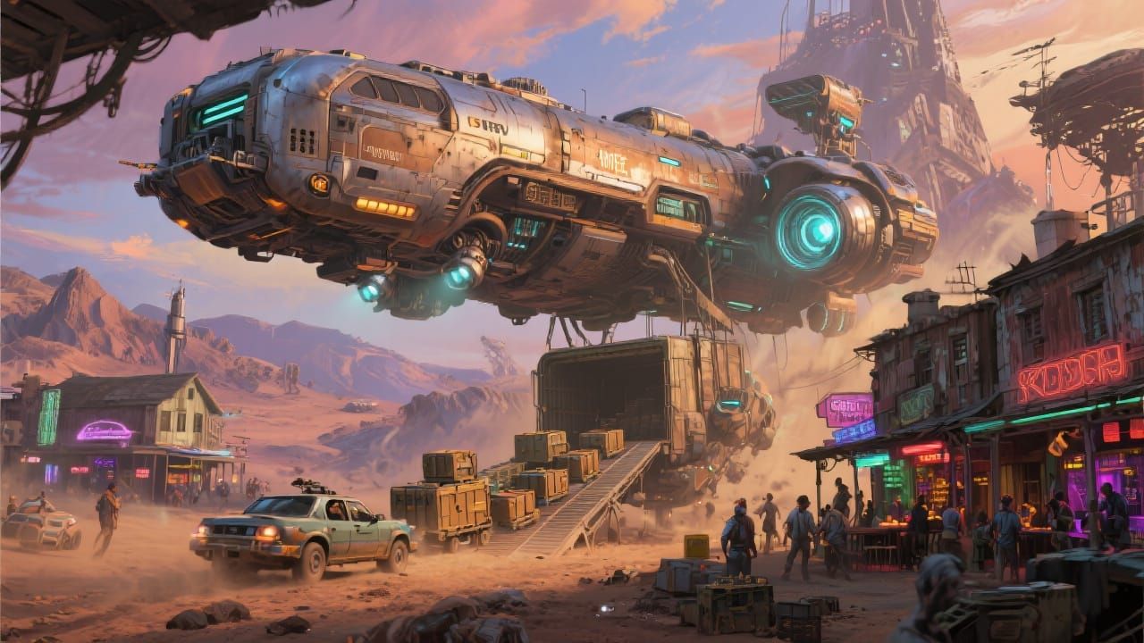 Supply Ship Over Mining Town: Fantasy Art Style