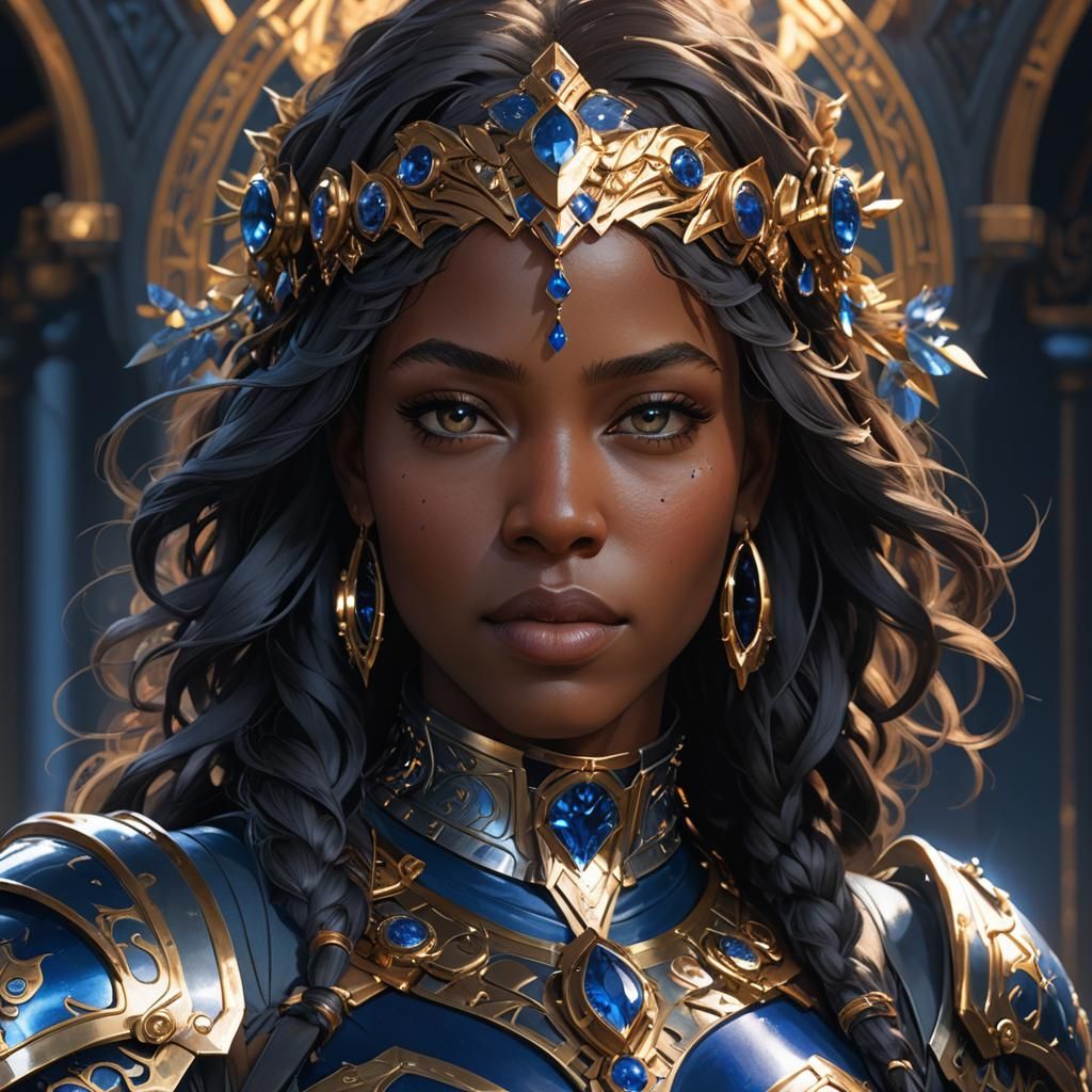 Sapphire-Eyed Woman in Armor: Art Nouveau Portrait