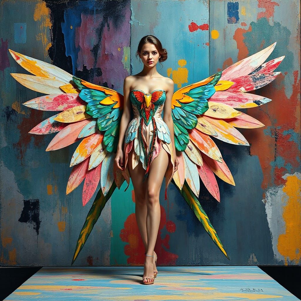 Vibrant Winged Galla Dress: Neo-Expressionist Fashion