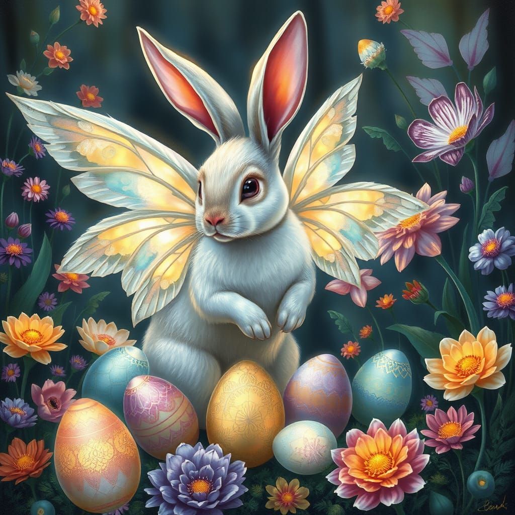 Ethereal Easter Bunny in Vibrant Fantasy Garden