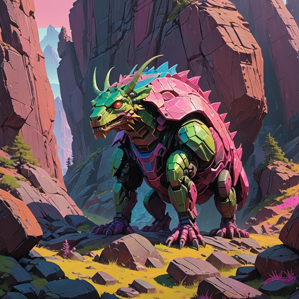 Neon Lizard on Ancient Rock, Biomechanical Aesthetic